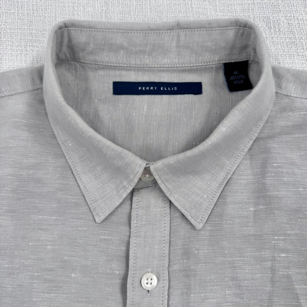 Perry Ellis Mens XL Tan Linen Cotton Blend Short Sleeve Button Up Shirt
